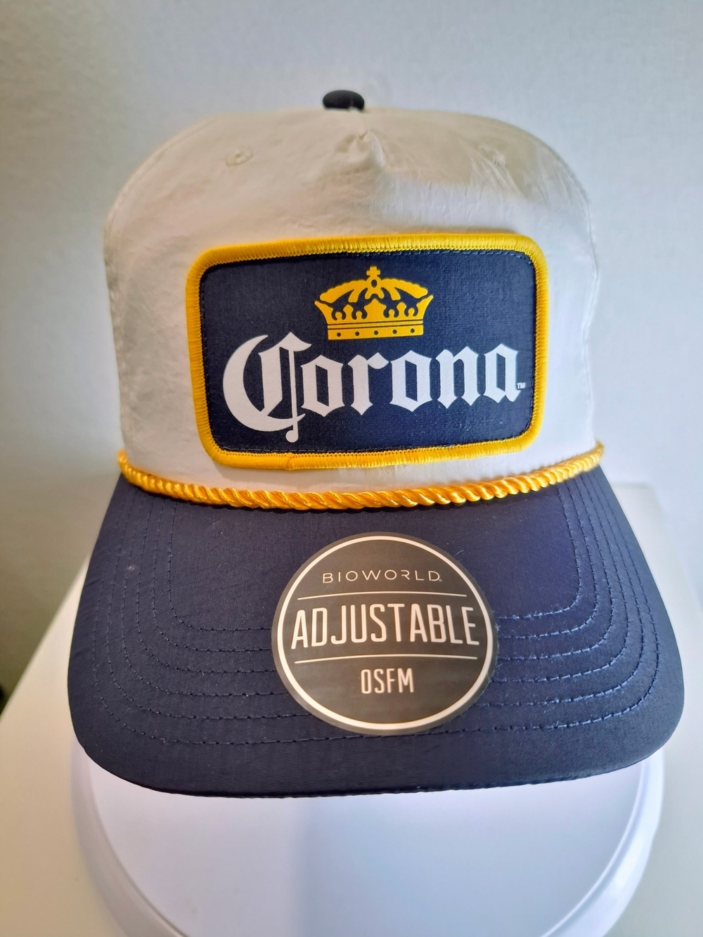 Bioworld Corona Two-Tone Navy and Cream Trucker Hat with Yellow Trim